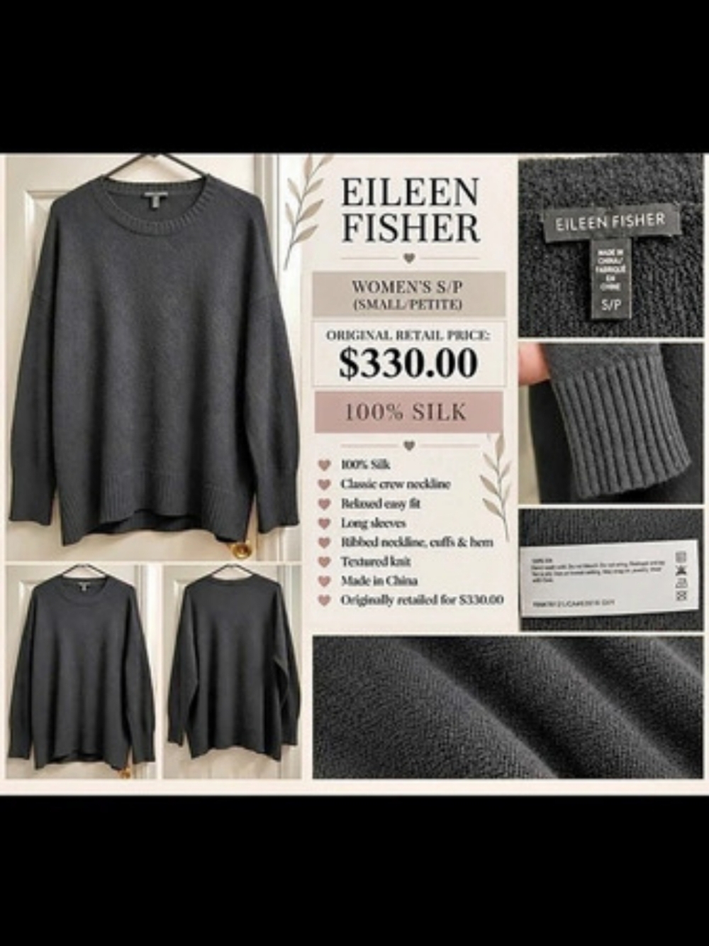 Eileen Fisher 100% Silk Black Crewneck Sweater S/P Textured Knit